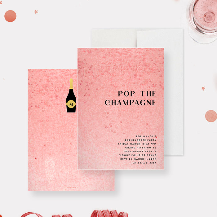 Fizzy pink “Pop the Champagne” bachelorette party invitation featuring modern typography and personalized party details.-front-back