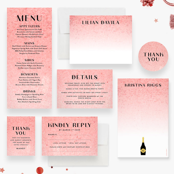 Pink Bubbly Pop the Champagne Bachelorette Party Invitation