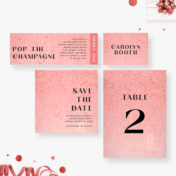 Pink Bubbly Pop the Champagne Bachelorette Party Invitation