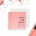 Pink bubbly “Save the Date” card for bachelorette party featuring modern black typography and customizable details.-front