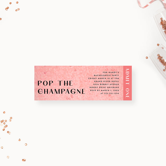Pink Bubbly Pop the Champagne Bachelorette Party Invitation