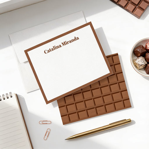 Personalized white note card with a brown border and custom name typography, featuring a brown chocolate bar pattern card back and matching white envelope