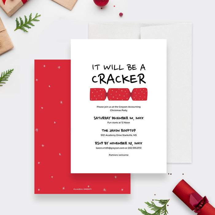 Digital holiday party invitation featuring playful red Christmas cracker graphic, modern typography, and festive design for Christmas party celebrations