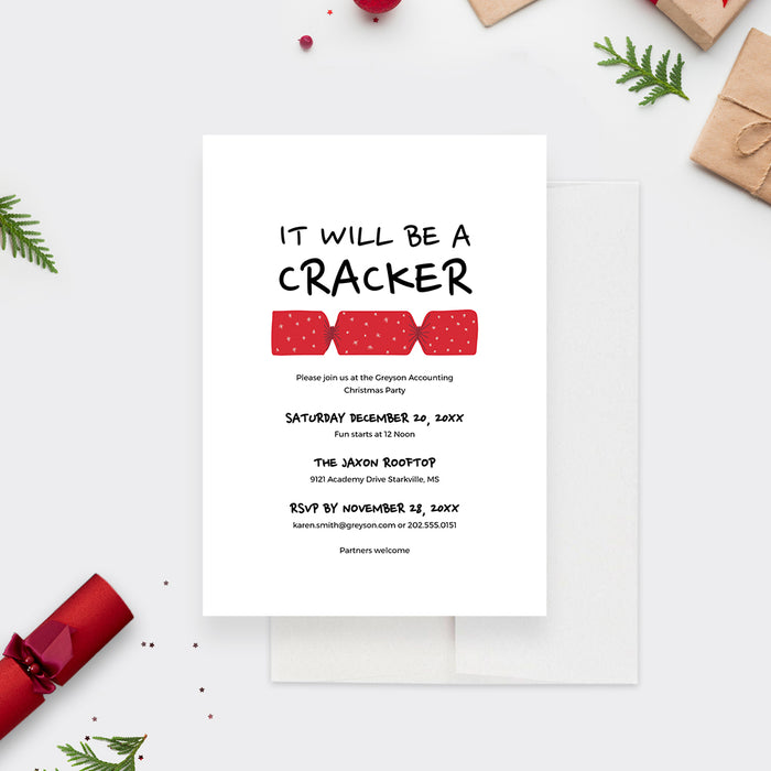 Digital holiday party invitation featuring playful red Christmas cracker graphic, modern typography, and festive design for Christmas party celebrations