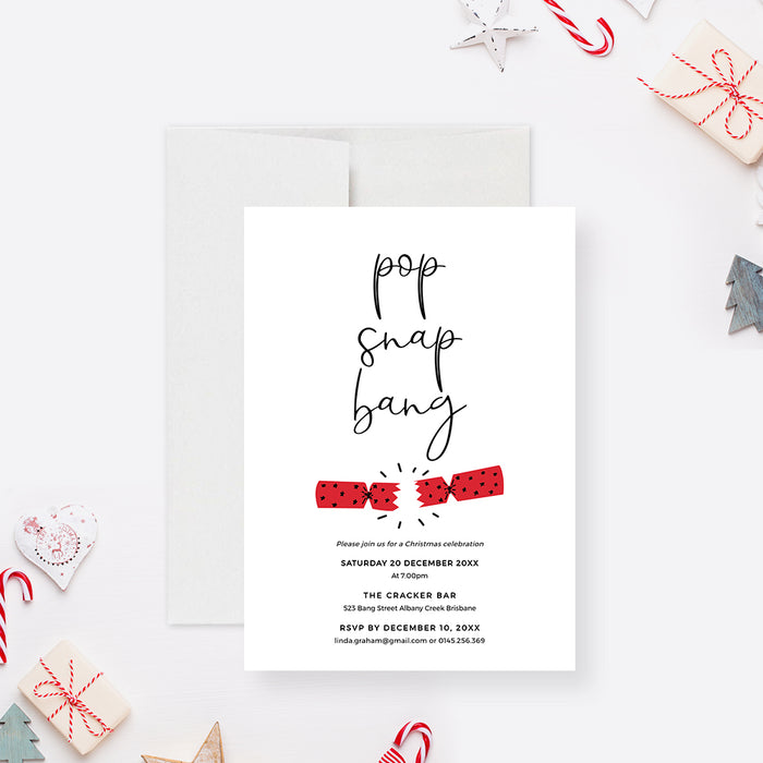 Christmas cracker party invitation featuring pop snap bang design in red and white, digital editable template for festive holiday celebrations