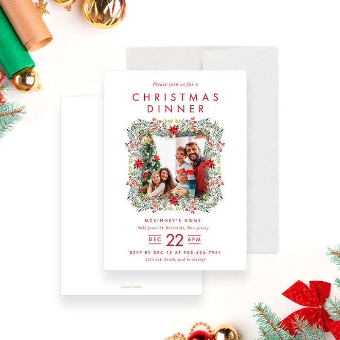 Christmas Dinner Invitation with Photo and Poinsettia Wreath Greenery, Family Christmas Party Invites with Picture