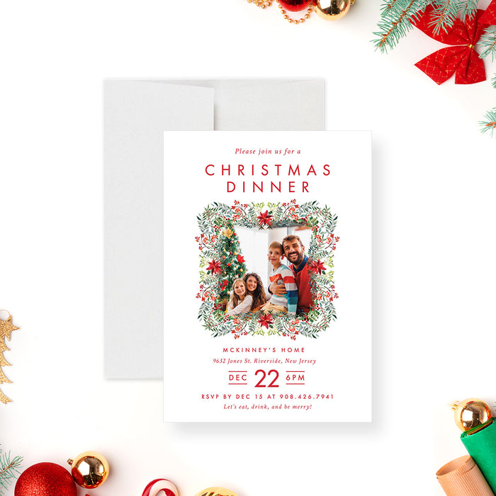 Christmas Dinner Invitation with Photo and Poinsettia Wreath Greenery, Family Christmas Party Invites with Picture