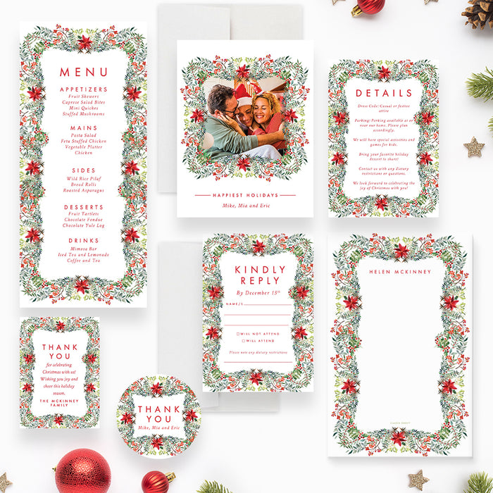 Christmas Dinner Invitation with Photo and Poinsettia Wreath Greenery, Family Christmas Party Invites with Picture