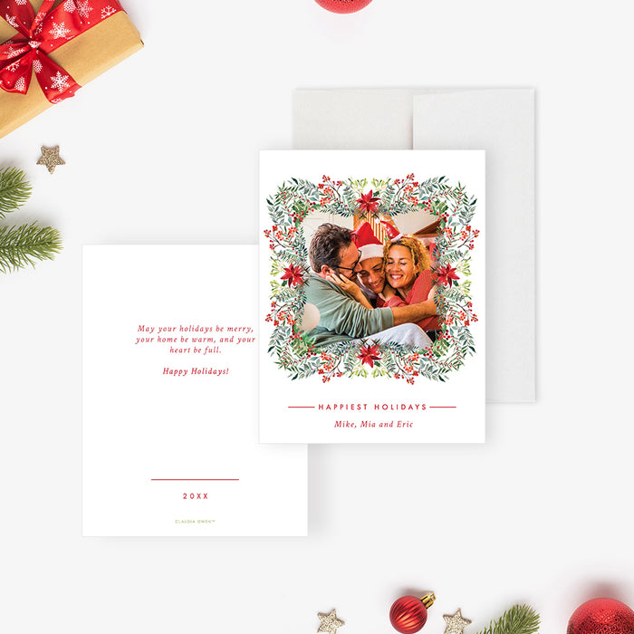 Christmas Dinner Invitation with Photo and Poinsettia Wreath Greenery, Family Christmas Party Invites with Picture