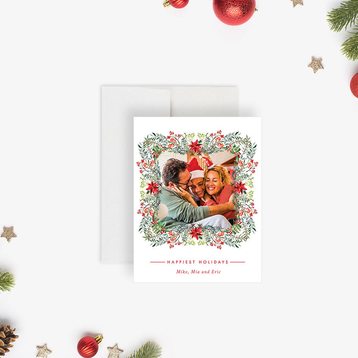 Personalized Family Holiday Greeting Card with Photo and Poinsettia Wreath, Unique Family Greeting Card with Picture