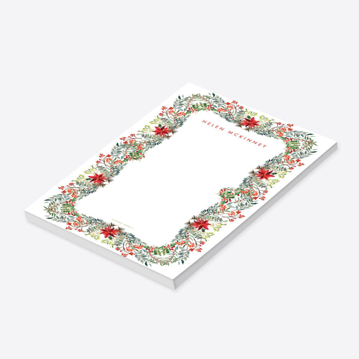 Christmas Themed Notepad with Poinsettia Frame, Holiday Party Favor Notepad Personalized with your Name