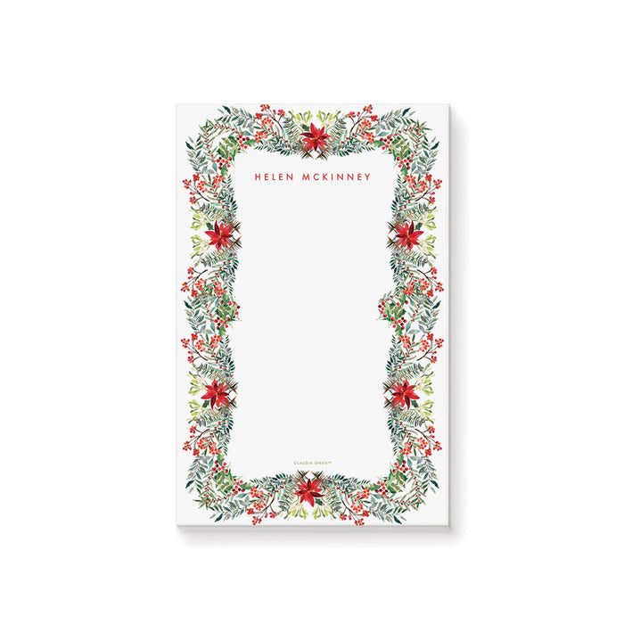 Christmas Themed Notepad with Poinsettia Frame, Holiday Party Favor Notepad Personalized with your Name