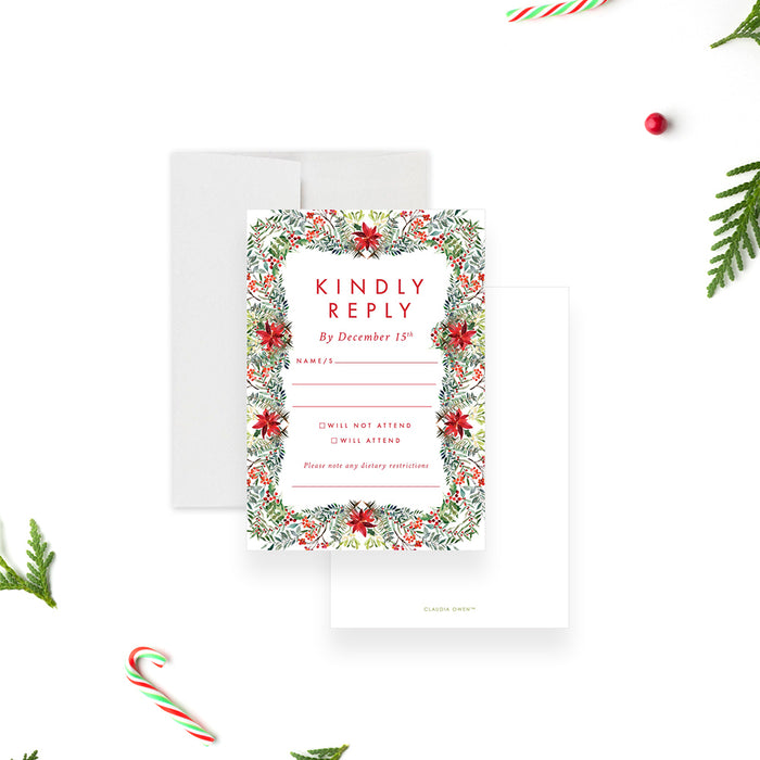 Christmas Dinner Invitation with Photo and Poinsettia Wreath Greenery, Family Christmas Party Invites with Picture