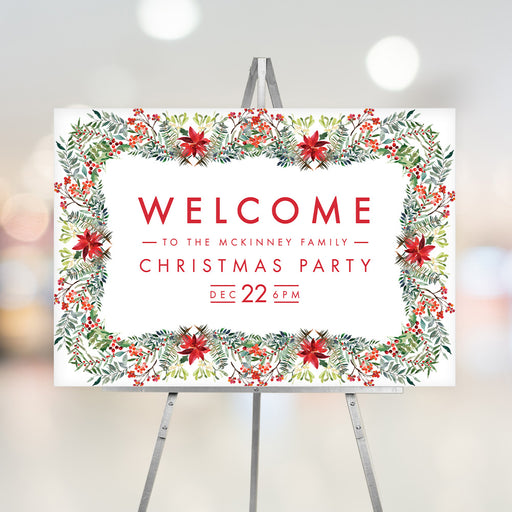 Christmas party welcome sign with poinsettias and greenery, personalized event details, perfect for holiday season.
