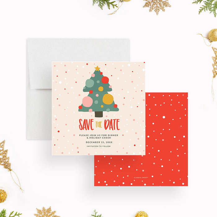 Cute Holiday Party Invitation Card with Christmas Tree and Colorful Baubles, Jingle and Mingle Family Christmas Dinner Invites