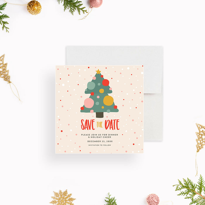 Cute Holiday Party Save the Date Card with Christmas Tree and Colorful Baubles, Christmas Dinner Save the Date Invitations