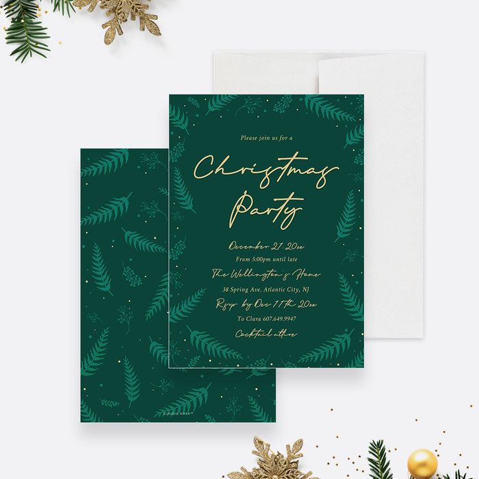 Christmas Invitation Card with Green Foliage, Family Fun Xmas Party Invites