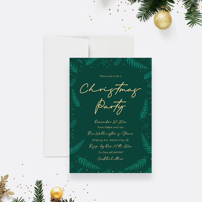 Christmas Invitation Card with Green Foliage, Family Fun Xmas Party Invites