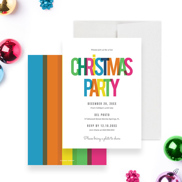 Digital Christmas party invitation featuring bold colorful lettering on a clean white background, perfect for holiday events and instant download.