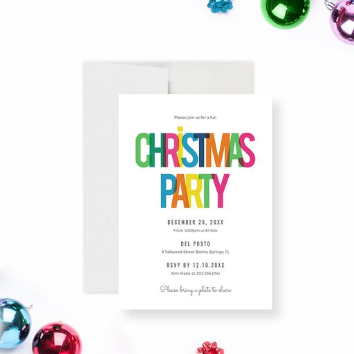 Digital Christmas party invitation featuring bold colorful lettering on a clean white background, perfect for holiday events and instant download.