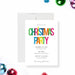 Digital Christmas party invitation featuring bold colorful lettering on a clean white background, perfect for holiday events and instant download.