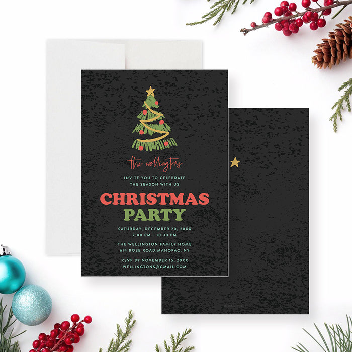 Christmas party invitation with a black textured background, Christmas tree, festive red and green lettering, and personalized holiday details-front-back