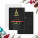 Christmas party invitation with a black textured background, Christmas tree, festive red and green lettering, and personalized holiday details-front-back
