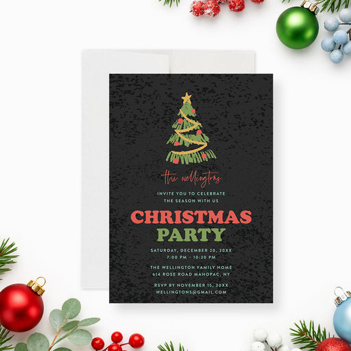 Christmas party invitation with a black textured background, Christmas tree, festive red and green lettering, and personalized holiday details-front