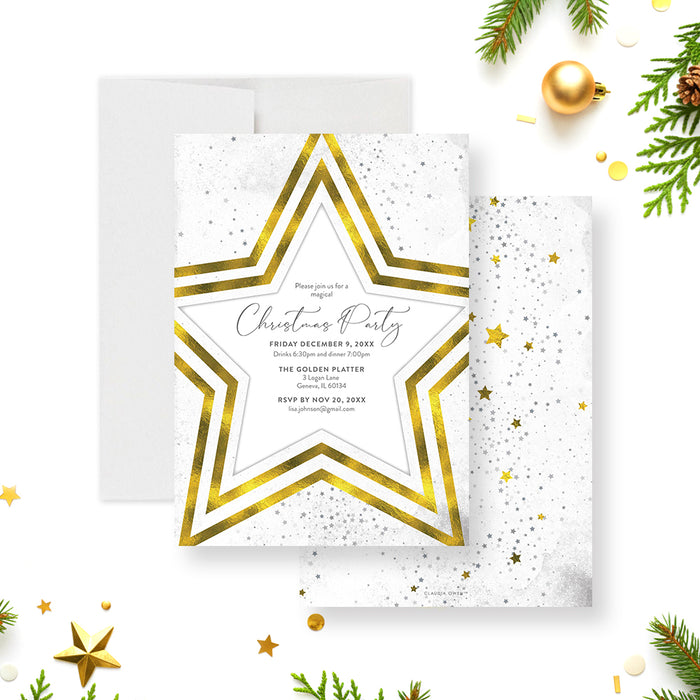 Christmas party invitation with star design and elegant layout for holiday celebration-front-back