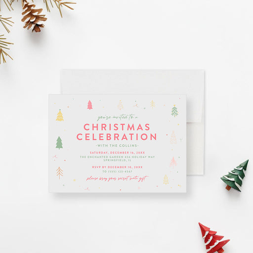 Christmas party invitation featuring a pastel Christmas tree design, with red and green text and customizable details.-front