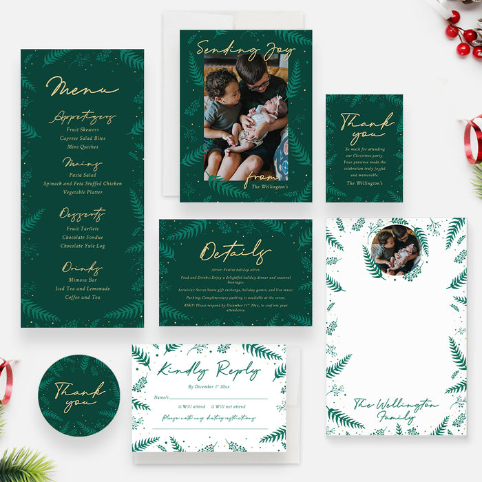 Christmas Invitation Card with Green Foliage, Family Fun Xmas Party Invites