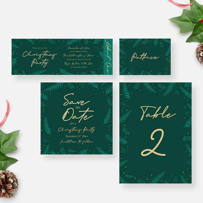 Christmas Invitation Card with Green Foliage, Family Fun Xmas Party Invites