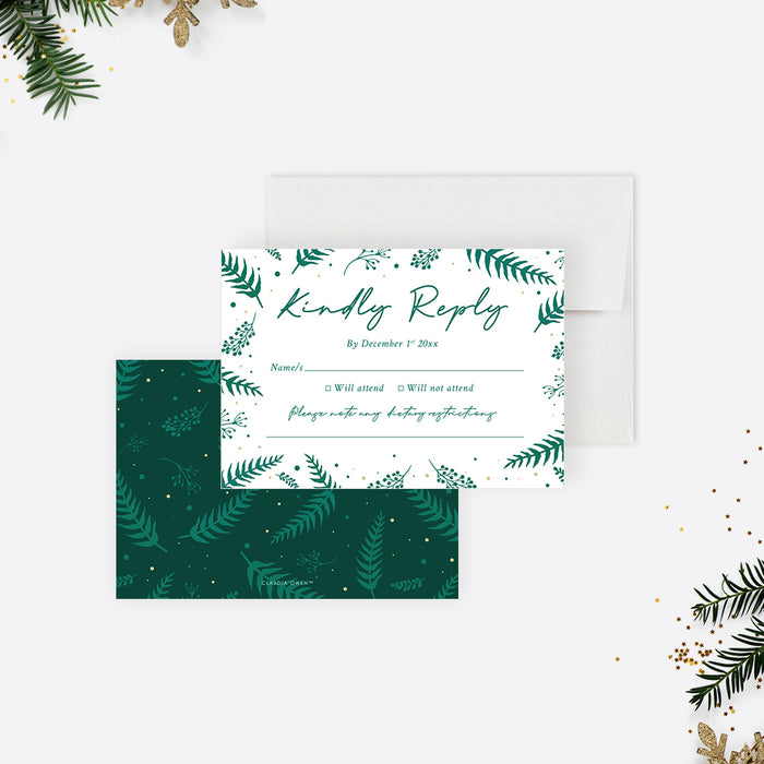 Christmas Invitation Card with Green Foliage, Family Fun Xmas Party Invites