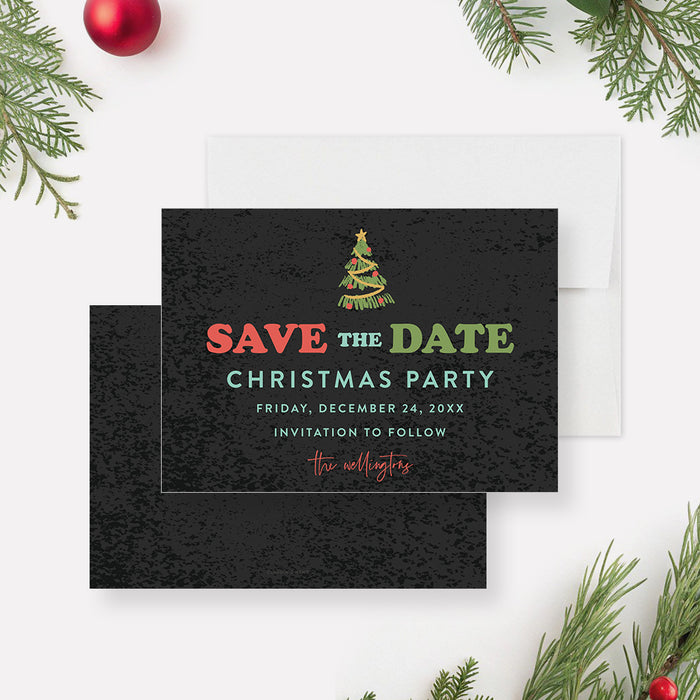 Christmas save the date card featuring a black textured background, festive Christmas tree, red and green lettering, and personalized holiday details-front-back