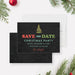Christmas save the date card featuring a black textured background, festive Christmas tree, red and green lettering, and personalized holiday details-front-back