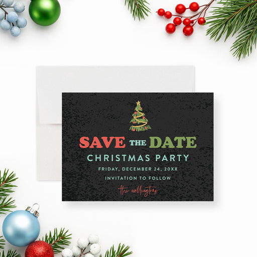Christmas save the date card featuring a black textured background, festive Christmas tree, red and green lettering, and personalized holiday details-front