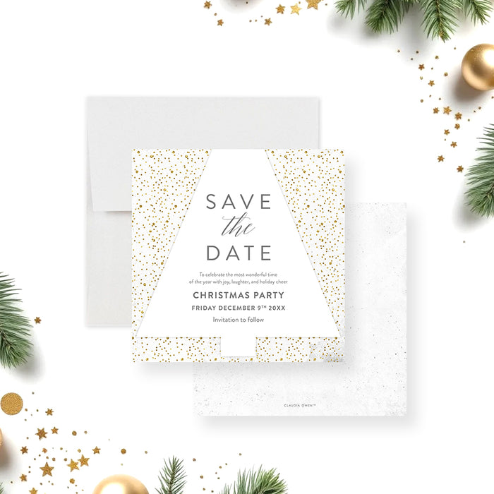 Elegant Christmas party save the date card featuring a minimalist layout with festive confetti accents for holiday celebrations and events-front-back