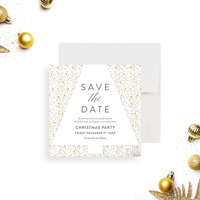Elegant Christmas party save the date card featuring a minimalist layout with festive confetti accents for holiday celebrations and events-front