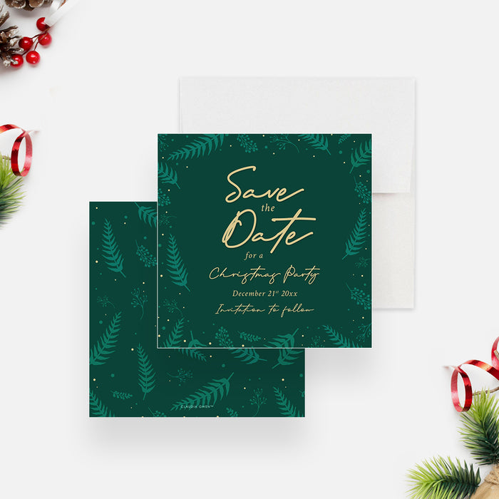 Christmas Invitation Card with Green Foliage, Family Fun Xmas Party Invites