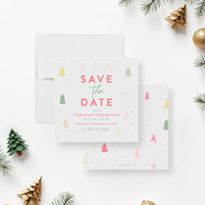 Christmas save-the-date card featuring a pastel holiday tree design, customizable for holiday party invitations.-front-back
