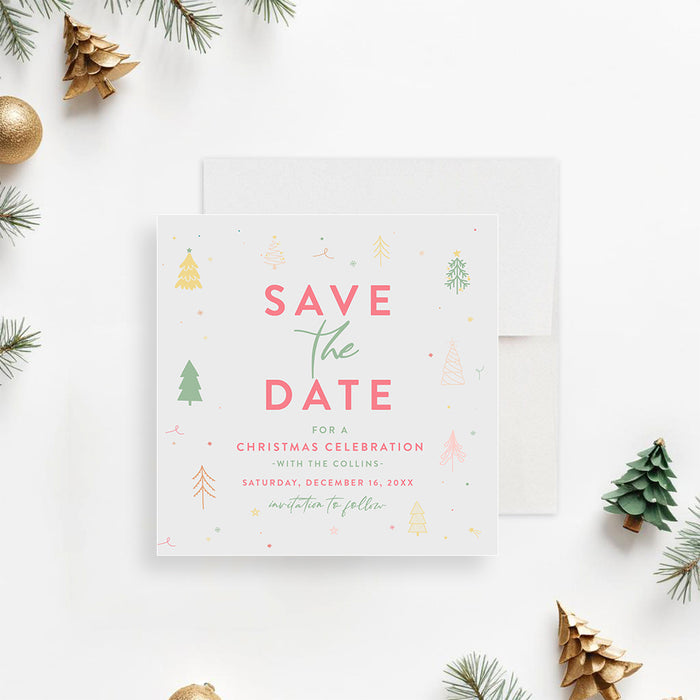 Christmas save-the-date card featuring a pastel holiday tree design, customizable for holiday party invitations.-front