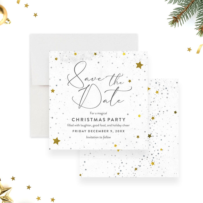 Christmas party save the date card with star design for holiday party or festive celebration-front-back