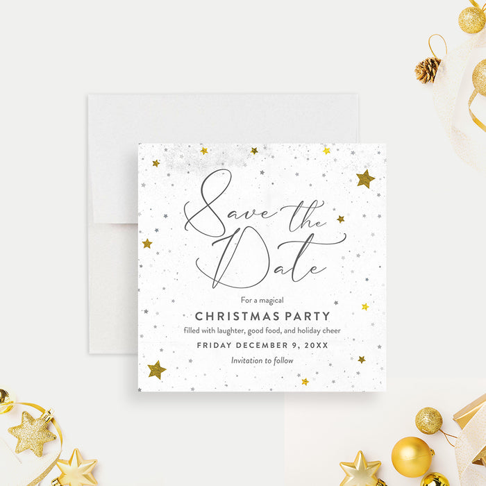 Christmas party save the date card with star design for holiday party or festive celebration-front