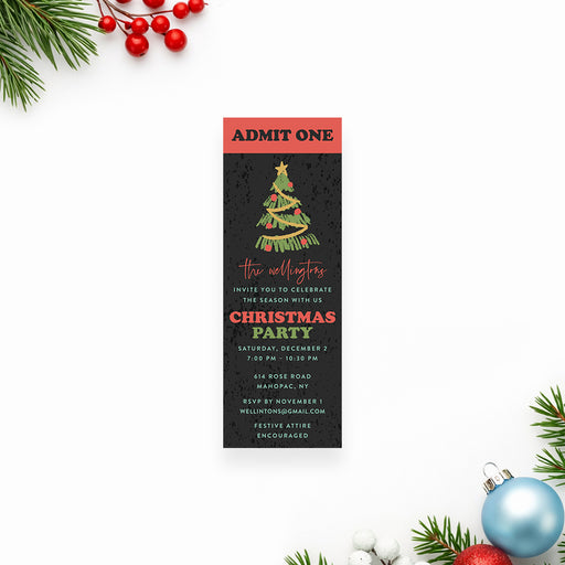 Christmas party ticket invitation with festive tree artwork, dark background, admit one header, and custom holiday party details