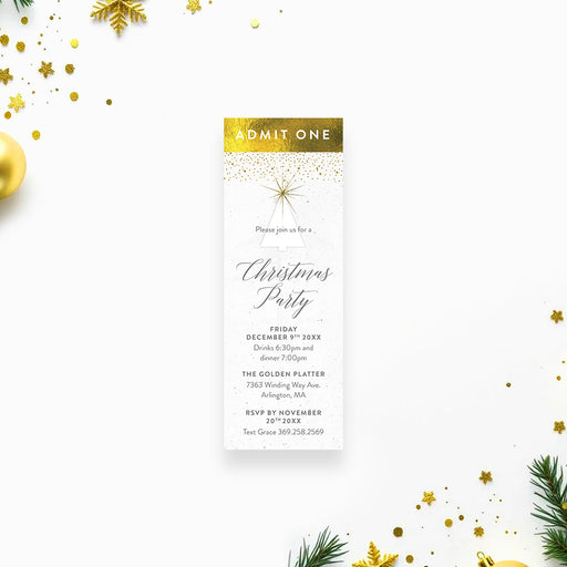 Christmas party ticket invitation featuring an admit one layout with elegant festive design, perfect for holiday parties and seasonal events.