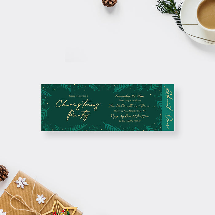 Christmas Ticket Invitation with Green Foliage, Festive Winter Xmas Party Tickets, in Green and Gold