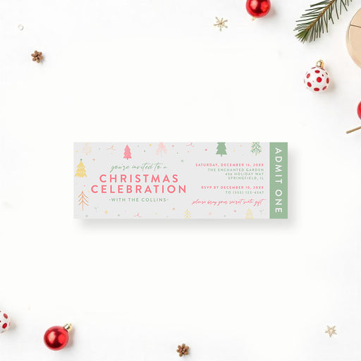 Christmas celebration ticket invitation featuring pastel holiday trees design. Personalized holiday invite suitable for parties and events.