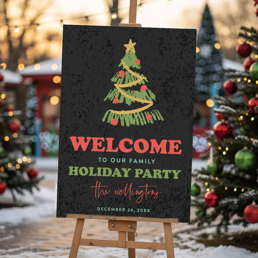 holiday party welcome sign with festive Christmas tree, dark background, and personalized family name