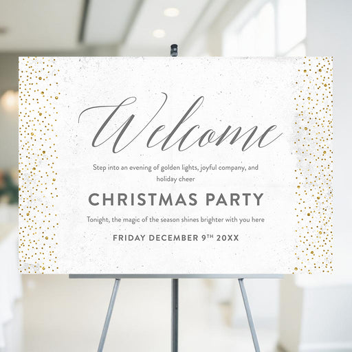 Elegant Christmas party welcome sign displayed on an easel, featuring a festive minimalist design for holiday events and celebrations.