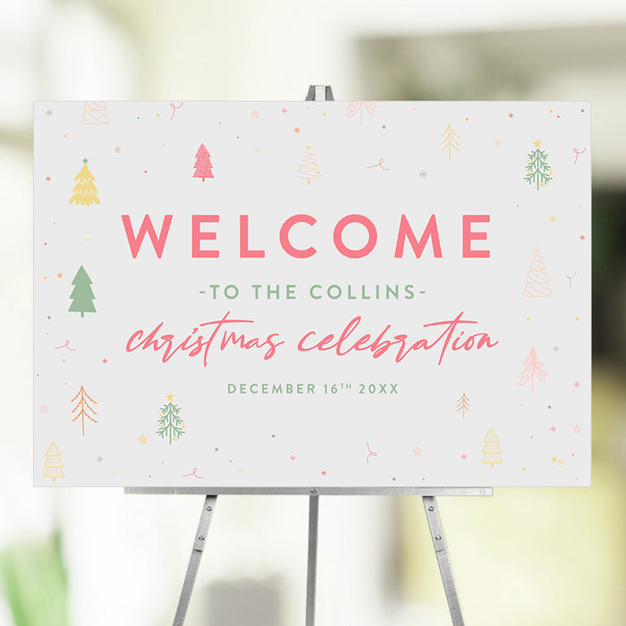 Custom Christmas welcome sign with festive holiday design, personalized with event details, displayed on an easel for party décor.